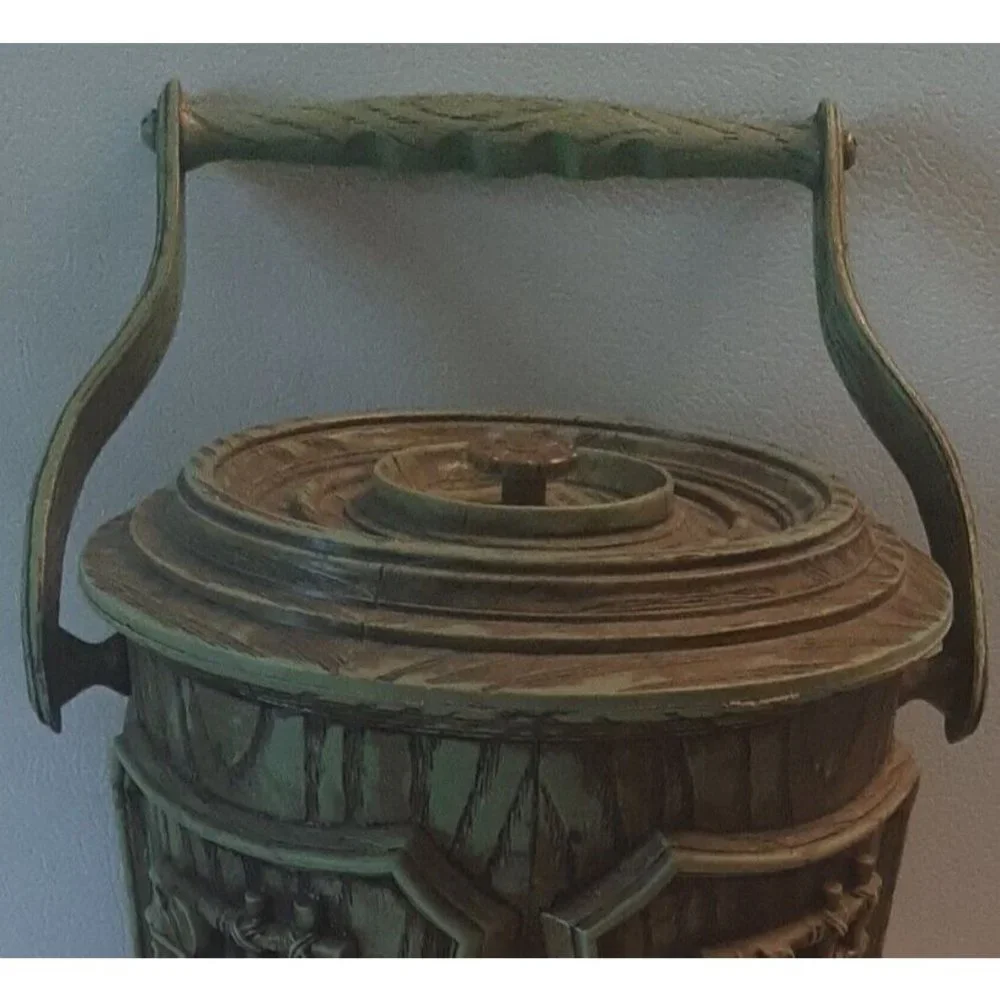Vintage Ice Bucket Grapes Faux Wood Grain Green with Handle Molded Plastic